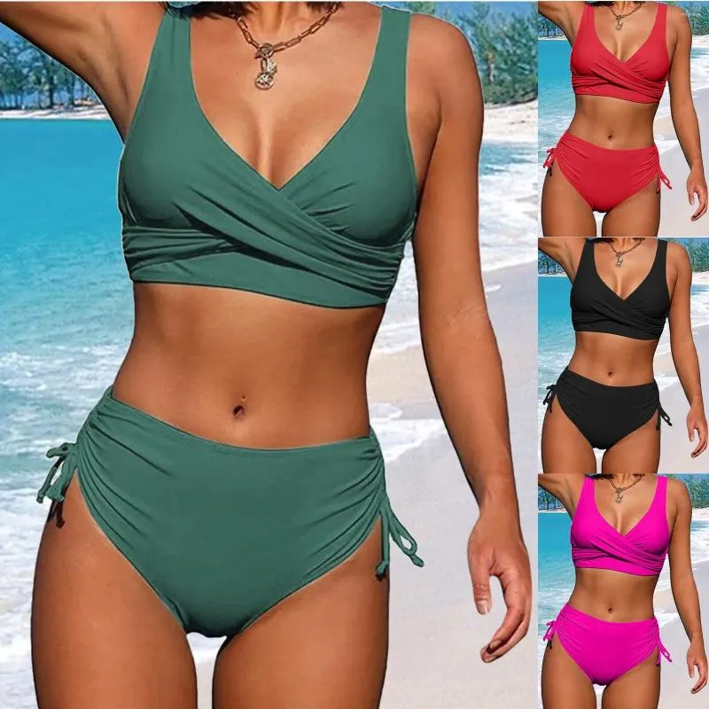 Mulheres Swimwear 2024 Sexy Biquínis Mulher Lace Up Maiôs Duas Peças Swimwears Sólidos Ruched Sutiã Cintura Alta Biquíni Maiô Natação