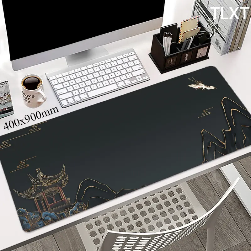 Tapis de souris à bord verrouillable, grand tapis de souris de style art chinois, imperméable, tapis de souris, tapis de bureau, 900 x 400, tapis noir