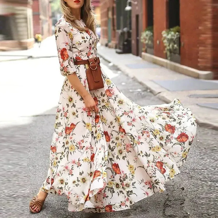 Frühlings Sommer Vintage Blumenblumendruck Maxi Dressin