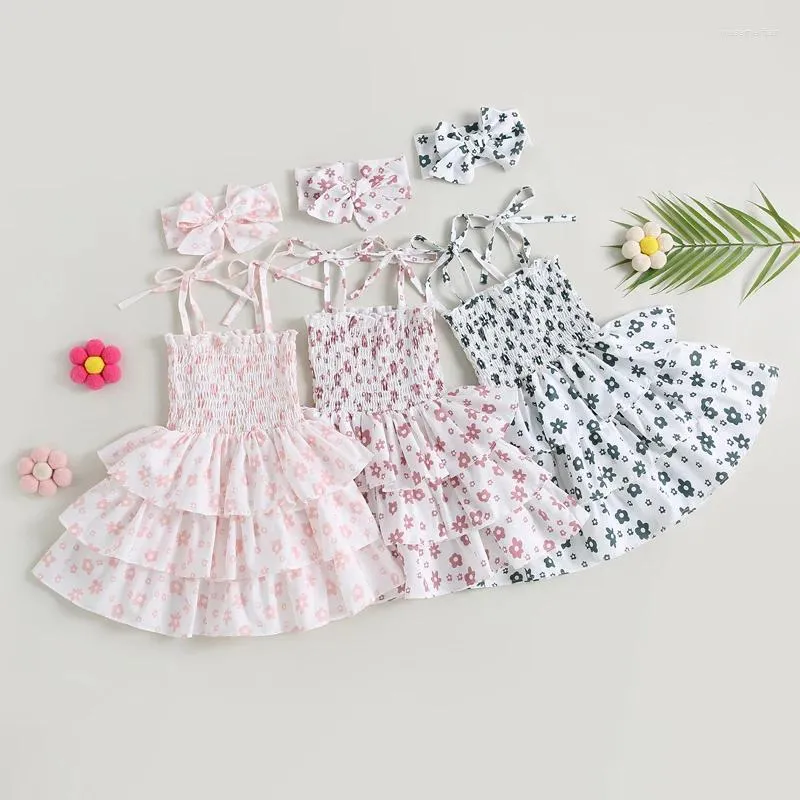 Robes de fille enfant en bas âge enfants filles robe fleur imprimé cravate noeud bretelles sans manches fronde jupes été décontracté nourrissons volants bandeau