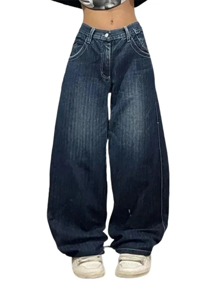Y2K Gothic Baggy Jeans For Women Hip Hop Streetwear Blue Graphic 