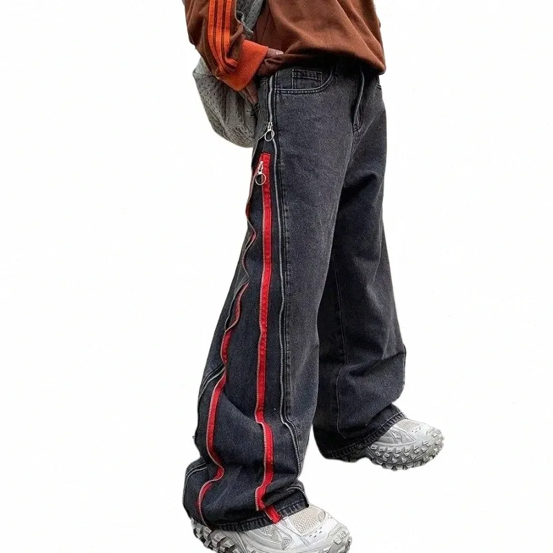 2023 Cool Design cerniera laterale Oversize Hip Hop uomini larghi jeans pantaloni Y2K vestiti dritti allentati pantaloni in denim punk Pantal Homme P60p #