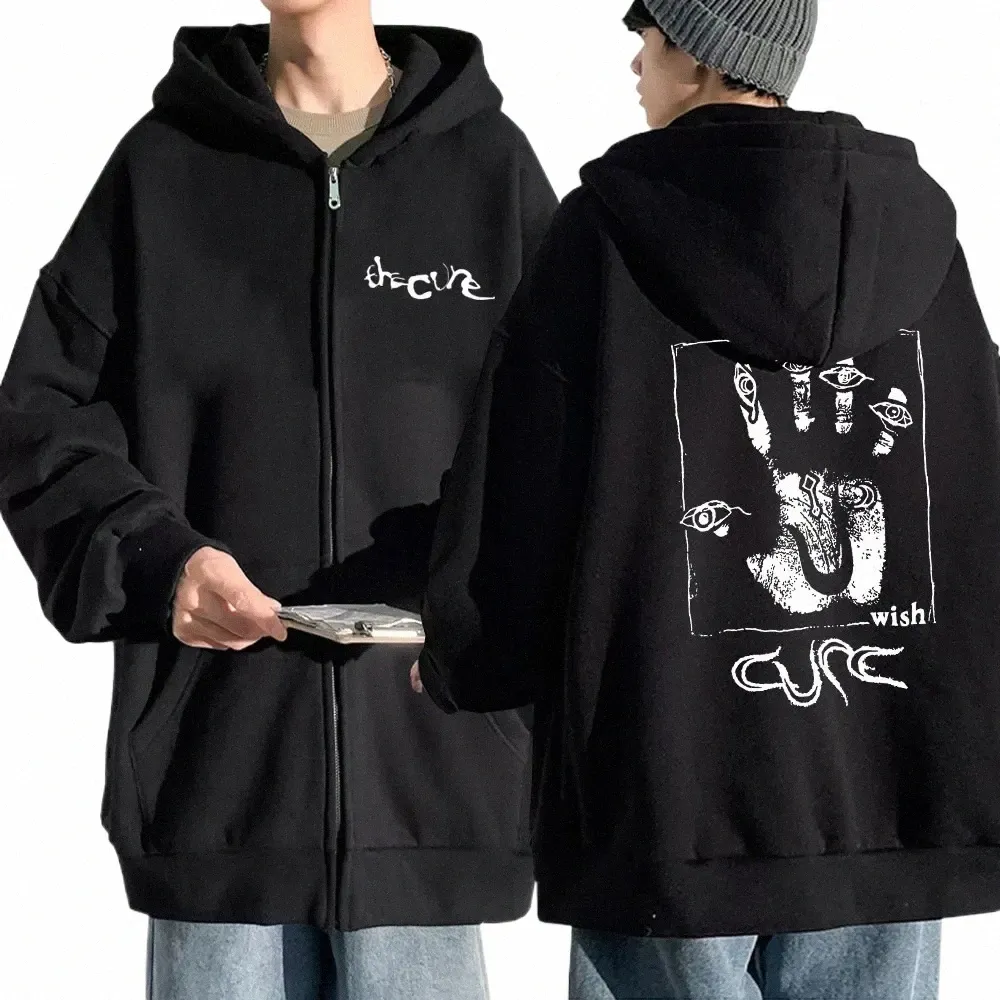 Rock Band The Cure Wish Print Zipper Sweatshirt Sweatshirt Harajuku surdimensionné surdimensionné Hip Hop Men Zip Up Up Hoodie Veste Unisexe I1GV #