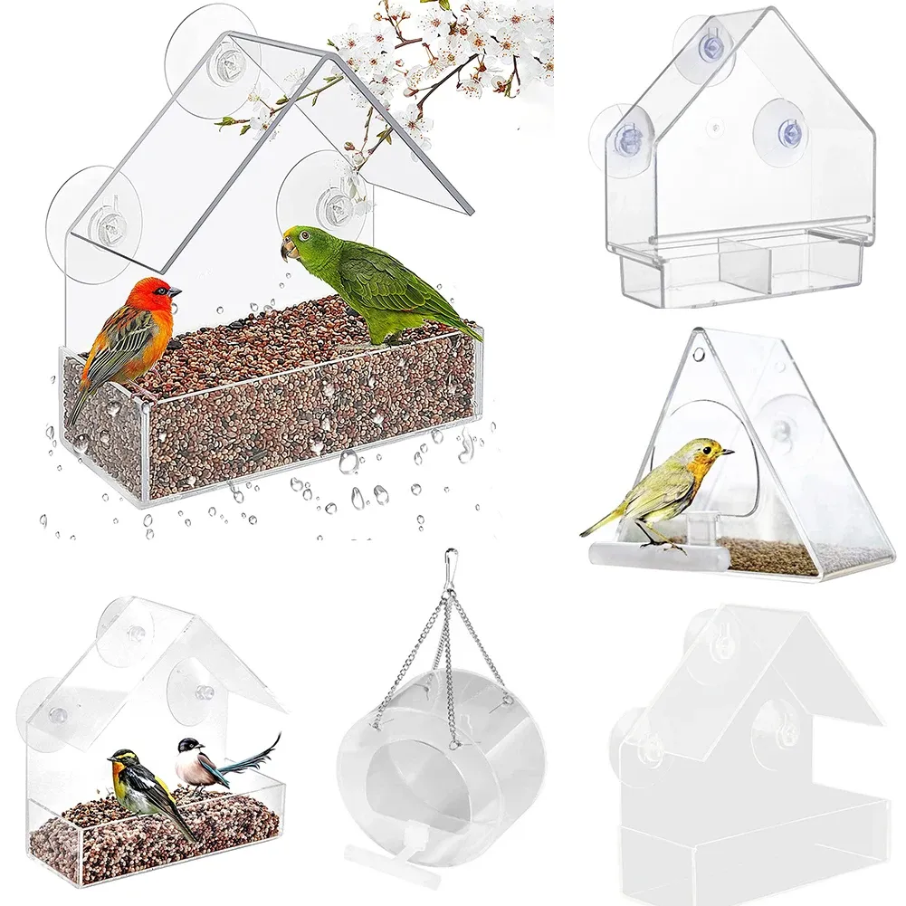 Feeding Window Bird Feeder House Shape Weather Proof Transparent Suction Cup Outdoor Birdfeeders Hanging Birdhouse For Outside Garden