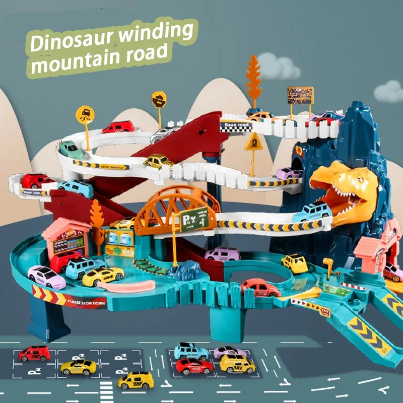 Dinosaurier-Mountain-Track-Autorennen-Schienenmodell, pädagogisches Kinderspielzeug, Kinder-Abenteuerspiel, interaktiver Zug 240313