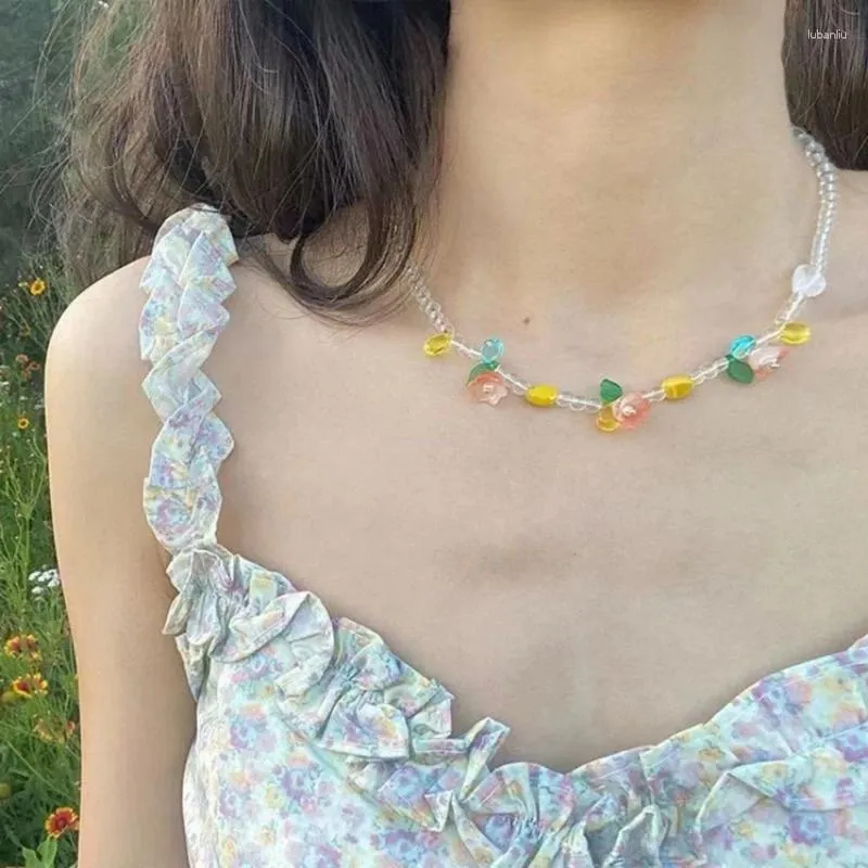 Kedjor färgglada frö pärlor färgad blomma choker halsband justerbar klavikelkedja för kvinnor flicka söt handgjorda boho smycken