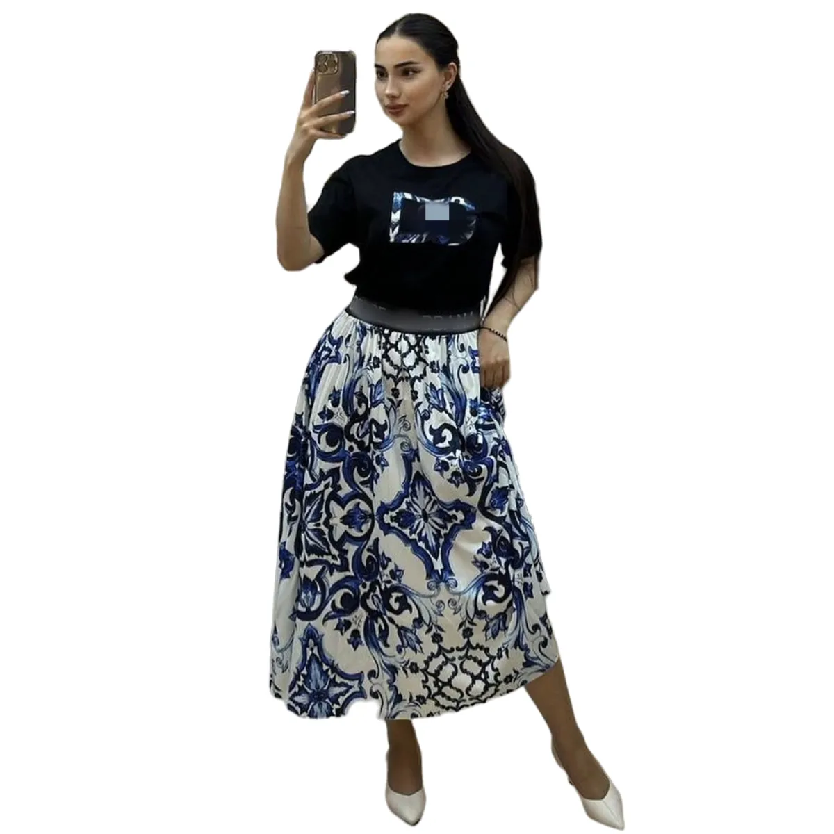 Designer Pleated Two Piece Dress Women Casual Short Sleeve T-shirt and Maxi Skirts Set Free Ship