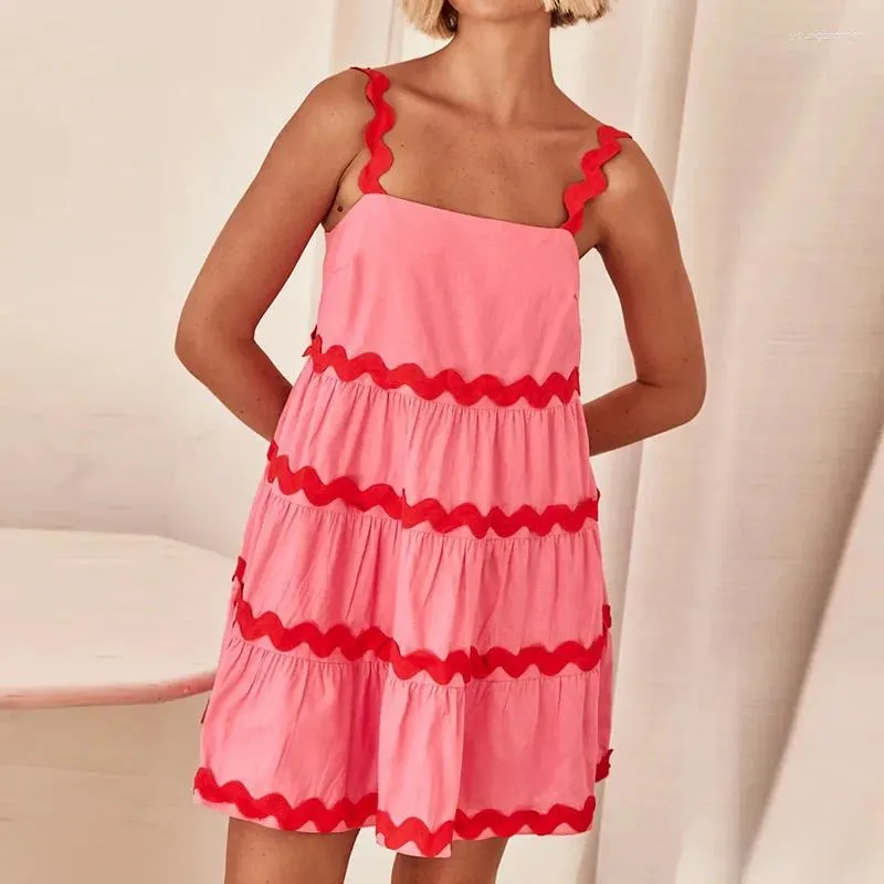 Casual Dresses Elegant 2024 Patchwork Ruffles Mini Dress All Match Off Shoulder Suspenders Hem Summer Sweet Wave Striped Women