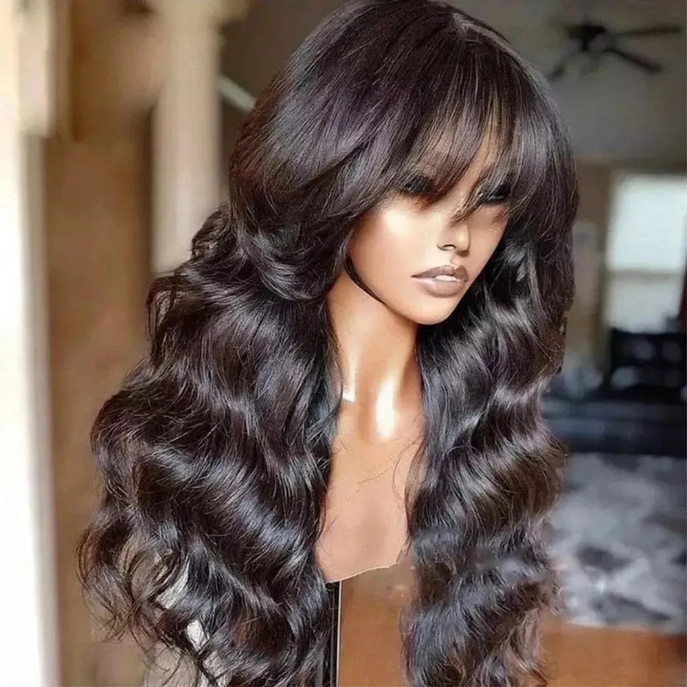 Onda do corpo perucas de cabelo humano com franja brasileiro remy cabelo máquina feita peruca superior para preto feminino remy peruca de cabelo humano brasileiro 180%