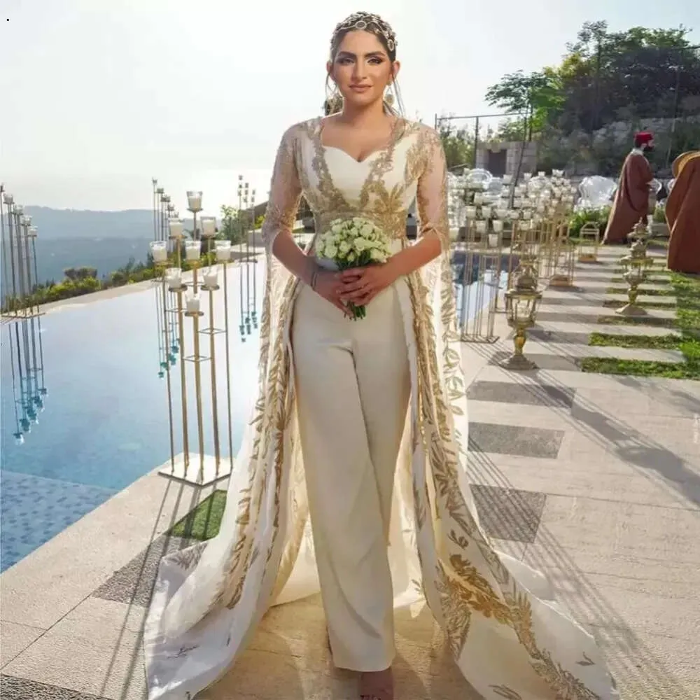 Sweetheart New Neckline Wedding Dresses with Pants Bridal Overskirt Gowns Long Sleeves Jumpsuits Sequined Satin Arabic Vestido De Novia