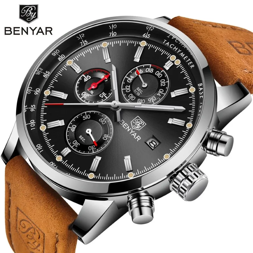 Benyar Men Watch Top Marka Luksusowa skórzana skórzana kwarc Chronograf Wodoodporny zegarek na nadgarstek Zegarek sportowy Sport Clock Relojes Hombre Y216N