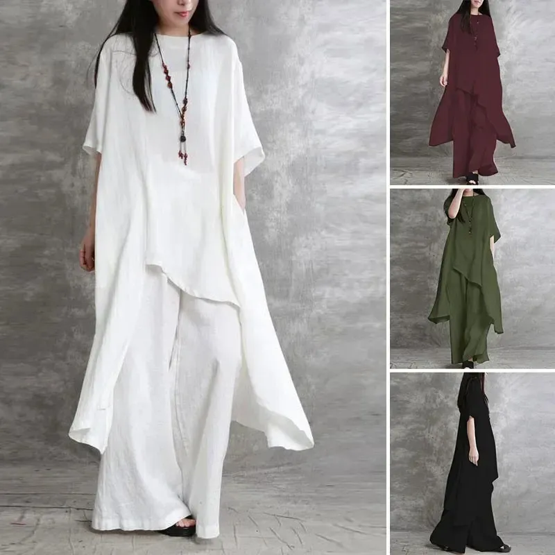 Women 2 -Siece bawełniany i lniany zestaw mody duży rozmiar swobodnego długich bluzek.