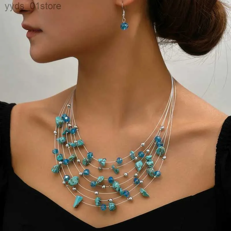 Earrings Necklace European and American style Bohemian red turquoise crystal multi-layer necklace earring set L240323