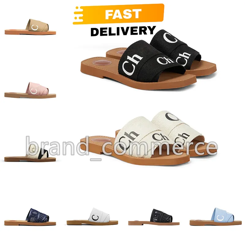 2024 Women Woody slides Designer canvas rubberen slippers wit zwart roze beige zeil dames muilezels platte sandalen mode buiten strandschoenen