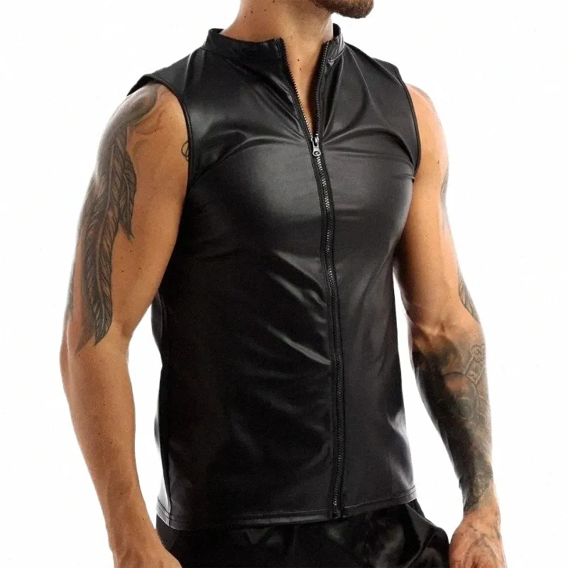 mężczyźni ze skórzaną kamizelkę zamek motocyklowy kurtka motocyklowa męska gotycka punk -punkowa topy z topami przystojne man streetwear gym fitn singlet w2ou#