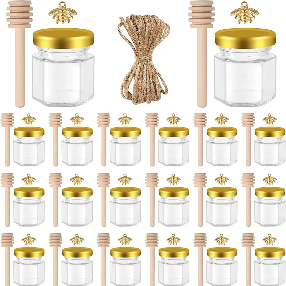 Barattoli kit di barattoli per miele di vetro esagonale con api e dipper, copertine d'oro, regali di ritorno per feste di matrimonio e feste di compleanno, 45 ml, 20 unità