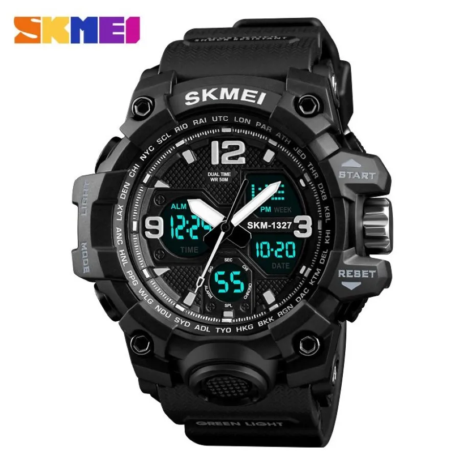Skmeiファッションカジュアルスポーツウォッチメンデジタルクロノ5Bar防水時計デュアルディスプレイ腕時計Relogio Masculino 1327283x
