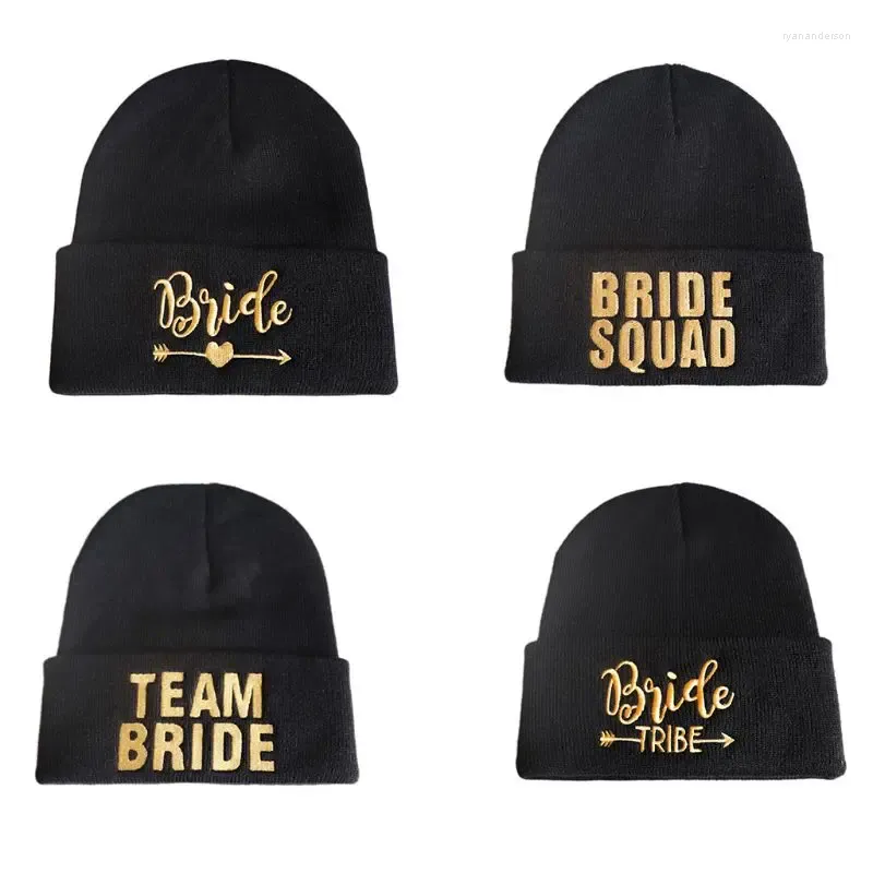 Ball Caps Winter Gebreide Cuffed Wedding Team Dames Bruid Vrijgezellenfeest Gouden Embroi