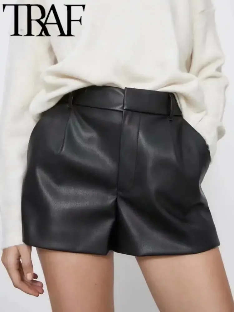 Traf Women Mode Faux Leder Shorts High Taille Seitentaschen Vintage Reißverschluss Fliege weibliche Weitbein Shorts Streetwear Ropa 240321