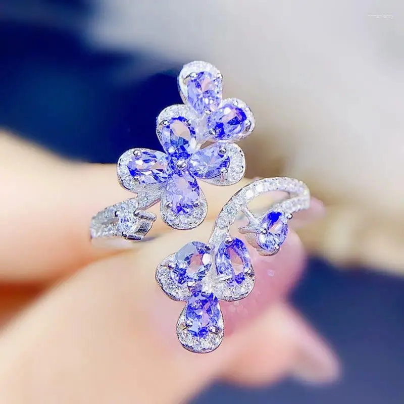 Cluster Anneaux de tanzanite réel naturel par bijoux Fleur Fleur Style réglable 0.2CT 10pcs Gemone 925 Silver Silver Fine J238246