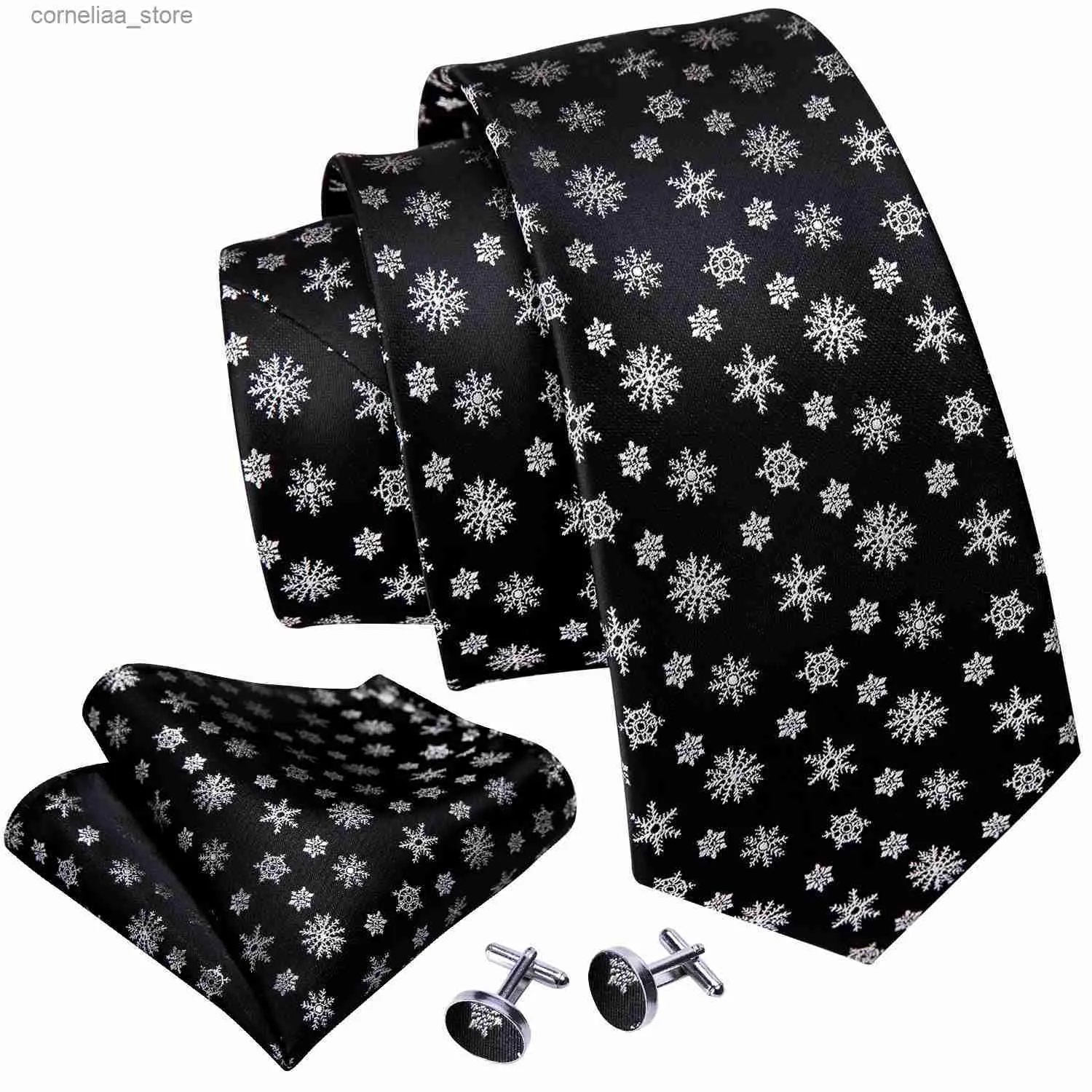 Neck Ties Neck Ties Black White Snow Silk Men Tie for Christmas Necktie Hankerchief Cufflinks Set Xmas Festival Bell Reindeer Santa Tree Barry.Wang Y240325