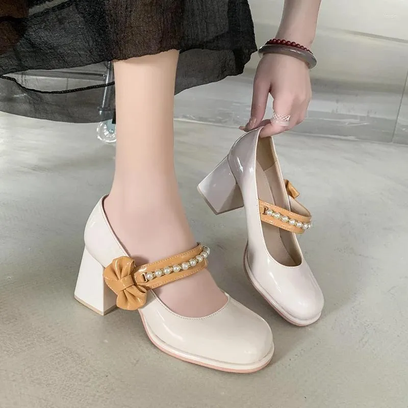 Dress Shoes Shallow Beaded Bow Mary 2024 Jane Single Women's Spring And Autumn Square Head Color Matching Fashion