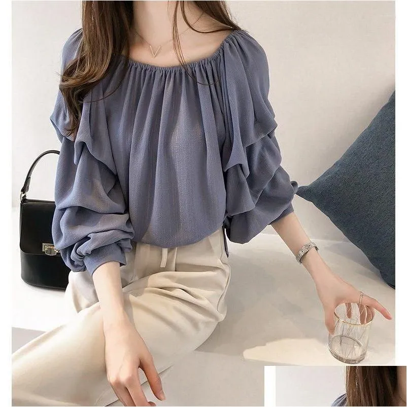 Dames blouses shirts dames blouse zomerboot nek schok chiffon shirt losse bubble top blusas mujer de moda drop levering kleding c otwk8