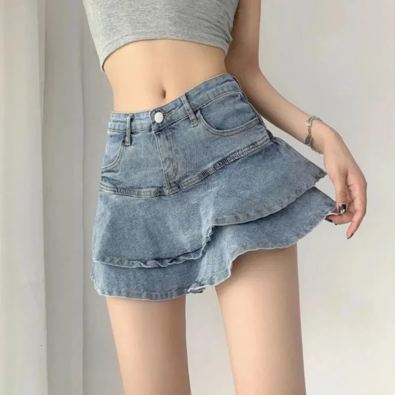 Houzhou Sexy Ruffle Mini Skirt Denim女性サマーヴィンテージかわいいハイウエストパッチワークAラインショートジーンズスカートGyaru Streetwear 240314