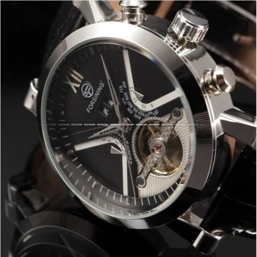 Men de montre automatique classique Calendrier Horloge masculine en cuir noir