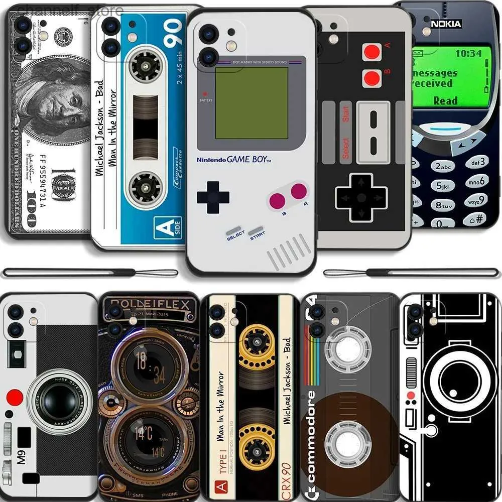 Mobiltelefonfodral Vintage Tape Camera Gameboy Telefonfodral för iPhone 15 13 11 12 14 Pro Max Mini XR XS SE20 8 7 Plus silikonfodral med handstrapy240325