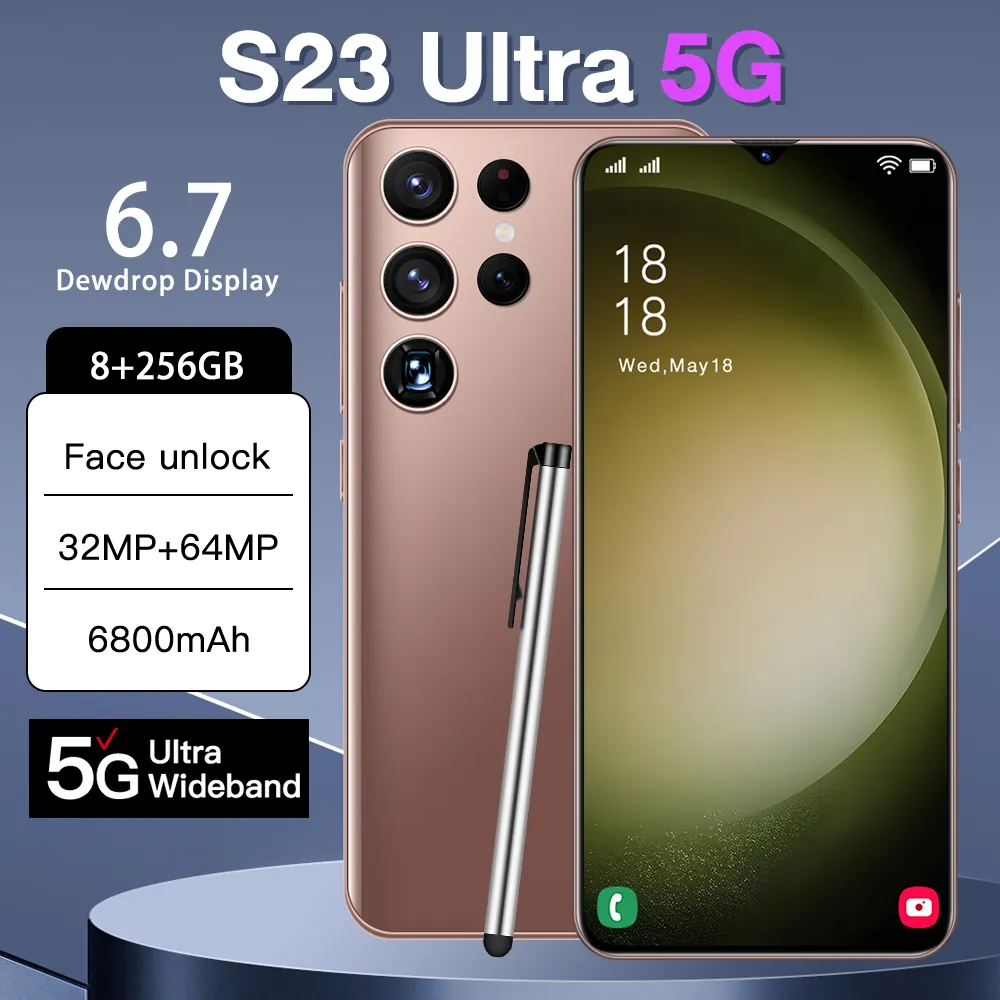 S23Ultra Android 8.1 Smartphone Tela sensível ao toque Tela colorida 4G RAM 64GB 128GB 256GB ROM Tela HD de 7,3 polegadas O sensor de gravidade Smart Wake suporta vários idiomas