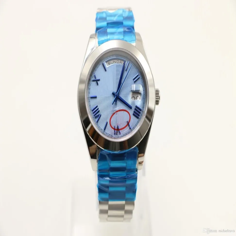 Reloj automático clásico para hombre de 40 mm Relojes con esfera redonda a rayas azules correa presidencial inoxidable 268i