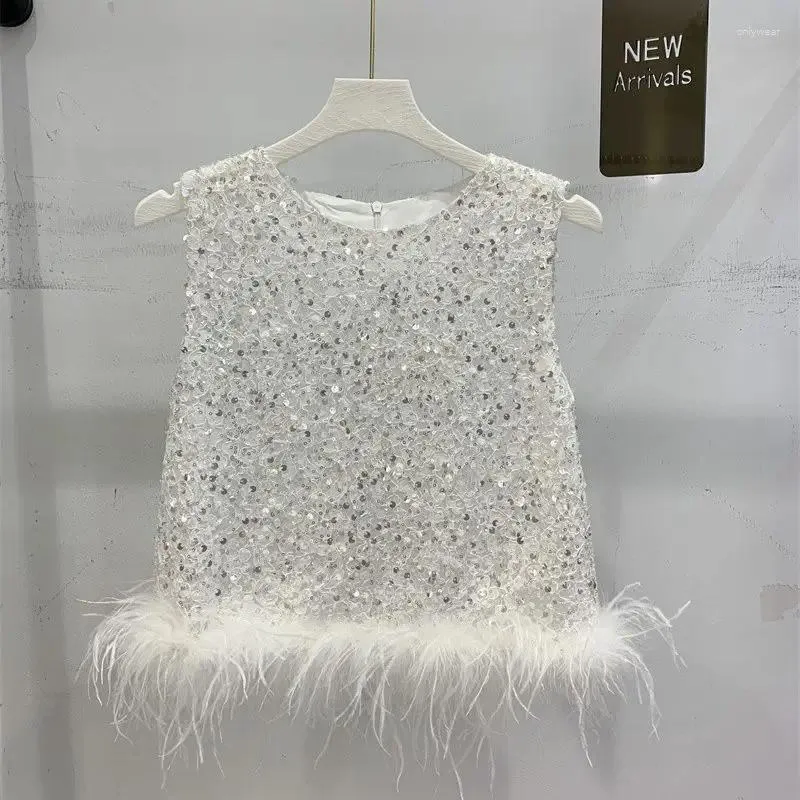 Women's Tanks Elegant Fashion Feather Fringed Vest For Women Light Luxury Sequins Ladies Sleeveless Top Tank Y4169