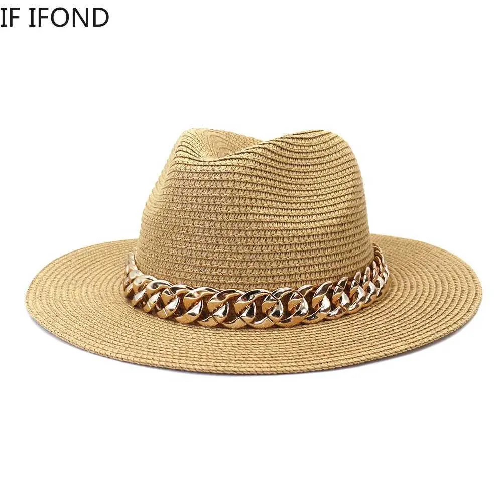 Chapeaux à larges bords Chapeaux de seau Chaîne en or à la mode avec chapeau de paille Panama adapté aux femmes été respirant chapeau de soleil de plage élégant chapeau de jazz de fête pour femmes J240325
