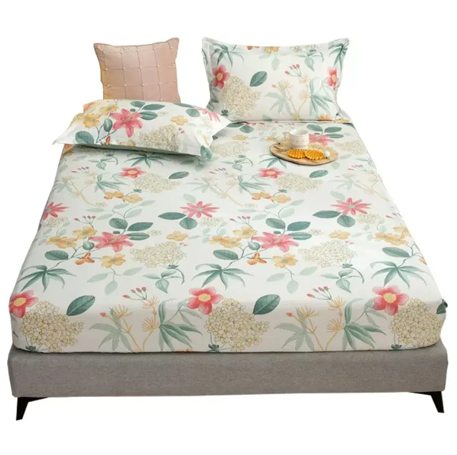 Ensemble drap-housse 100% coton + 2 taies d'oreiller, couvre-matelas à carreaux de dessin animé floral, drap de lit protecteur avec bande élastique, 16 tailles