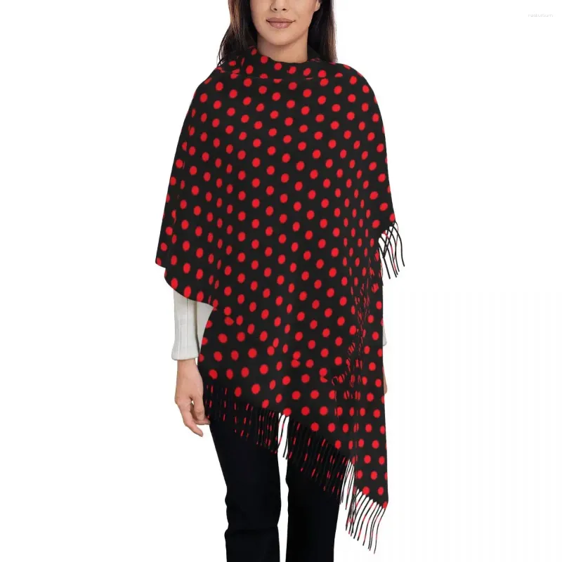 Foulards Rouge Polka Dots Écharpe Unisexe Rétro Tête D'impression Avec Gland Hiver Châle Wrap Extérieur Graphique Bandana