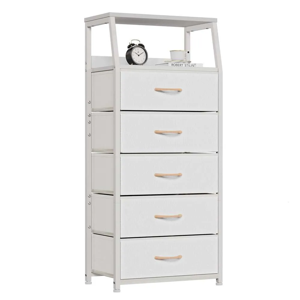 Furnulem White with 5 Drawers, Vertical Storage Tower Fabric Dresser for Bedroom, Hallway, Entryway, Nursery, Closet Organizer, Nightstand Bedside Table