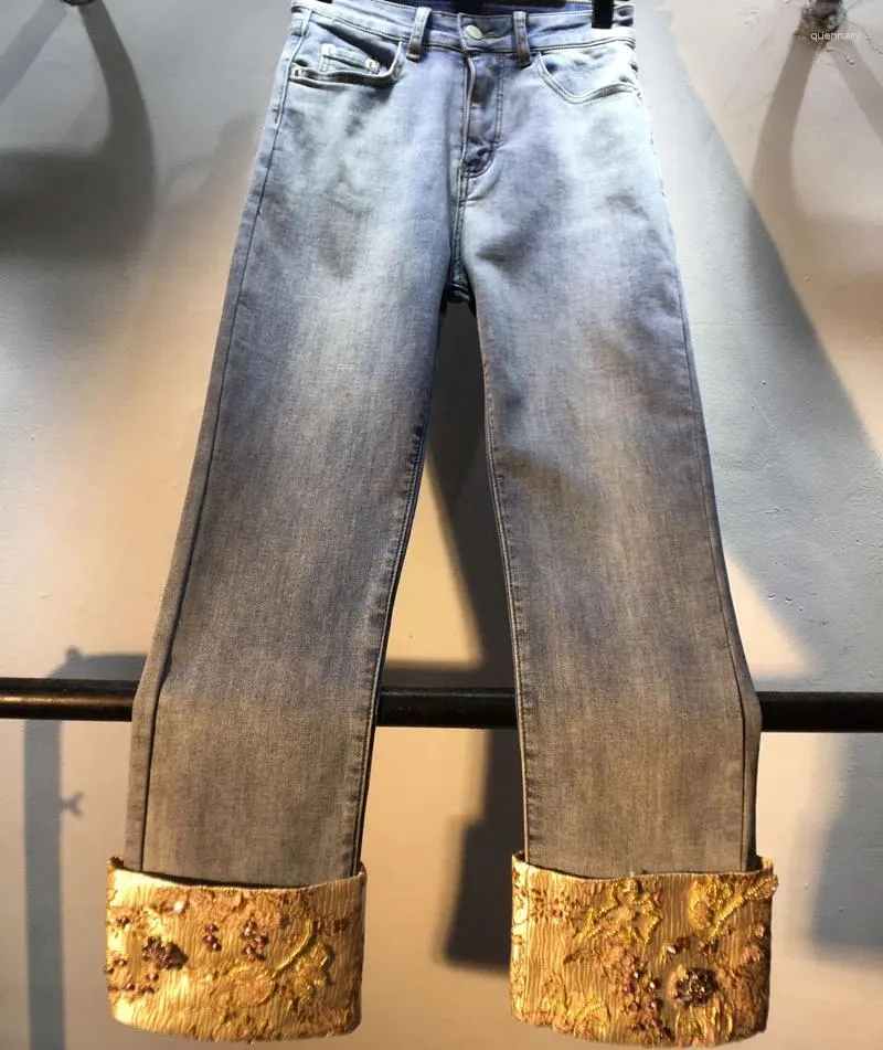 Damskie dżinsy chiński styl Jacquard splating Diamenty proste dżinsowe spodnie dla kobiet 2024 Spring High talia odcinek kostki