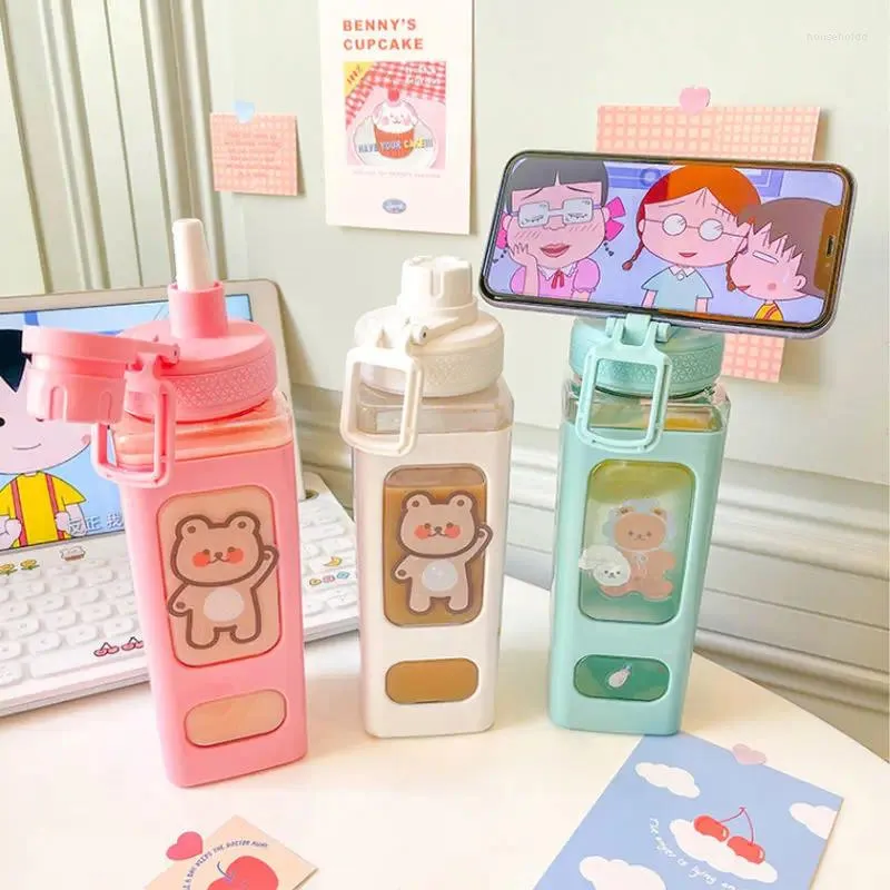 Tubllers Kawaii Bear Pastel Water Butelka z naklejką 3D 700 ml plastikowy sok z herbaty mleko przenośny shaker napój słomy prezent