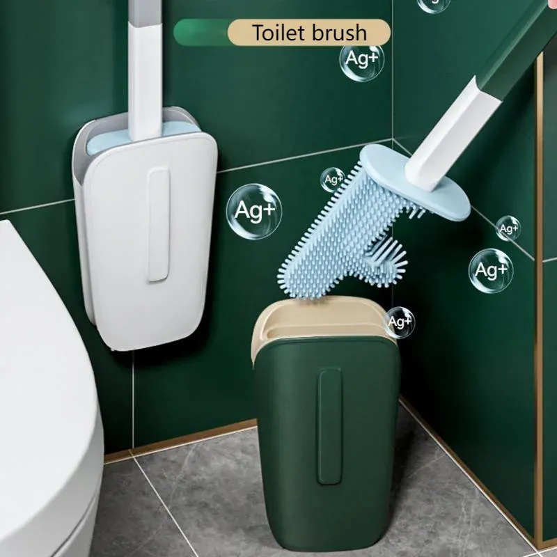 Brosses Brosse de toilette en Silicone et support, brosse de nettoyage murale, anti-fuite d'eau, sans Angle mort, brosse de toilette de nettoyage de salle de bains