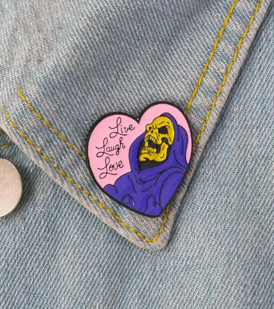 Live Laugh Love enamel pin Heart shape Skeleton Badge Brooch Lapel pin for Denim Jeans shirt bag Gothic Jewelry Gift for friend5795503