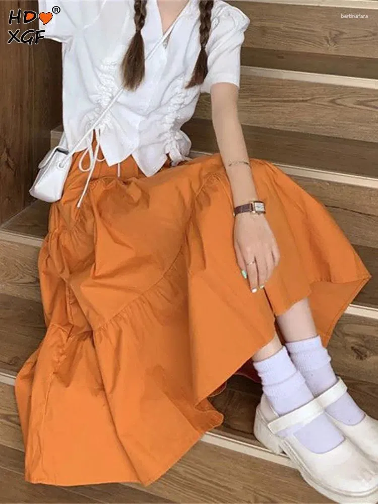 Kjolar vår sommar veckade orange söt tårta kjol för kvinnor koreansk mode elastisk hög midja a-line enkel lös kawaii