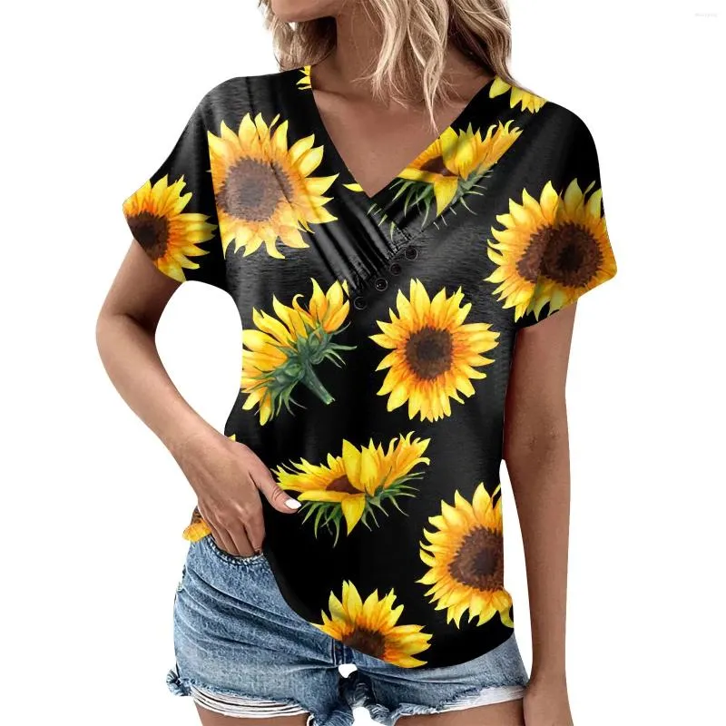 Damen-T-Shirts, modisches Sonnenblumen-Druck-T-Shirt, plissiertes Knopf-V-Ausschnitt-Kurzarm-Top, Damen-Bluse, 2024-Shirt für Y2k