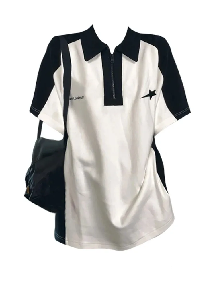 T-shirt a contrasto vintage in stile preppy in stile estate chic collare da polo a manica corta toppy top cray top 240312