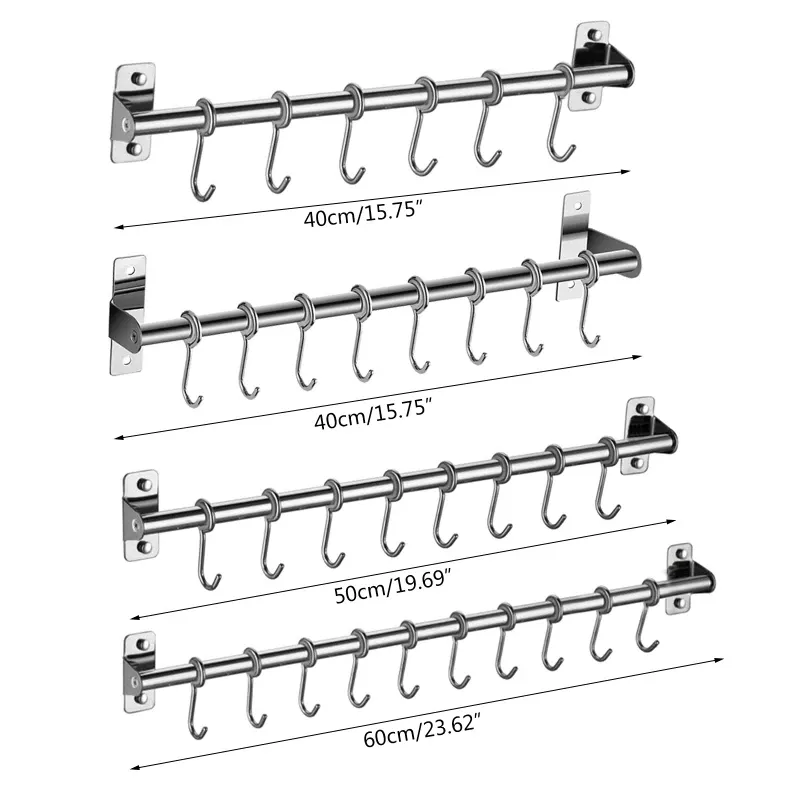 Rails Wall Mounted Utensil Rack Stainless Steel Hanging Kitchen Rail with 6/8/10 Removable Hooks Hanger Organizer