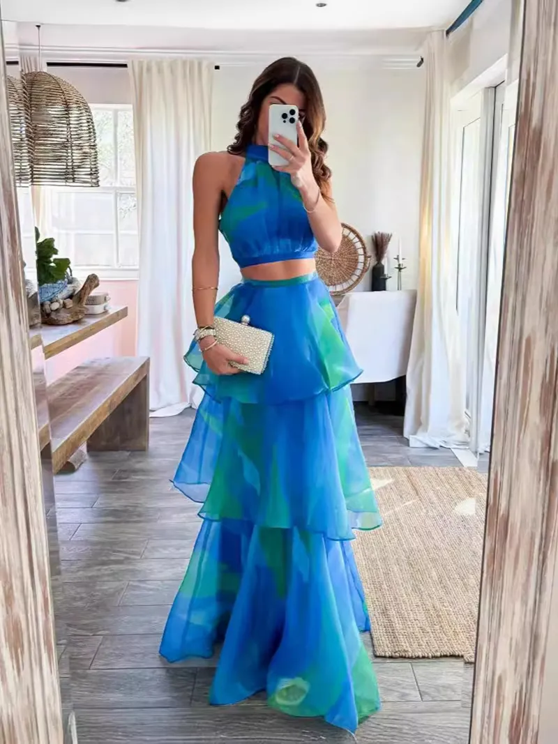 Ruffle Organza Crop Top and Maxi Skirt Set Elegant 2-Piece