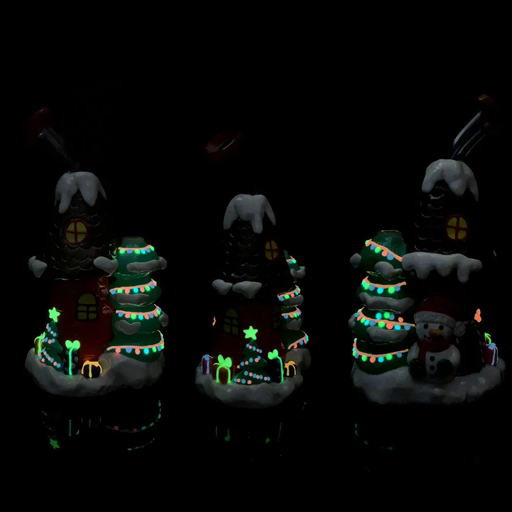 1 pieza, 9 pulgadas, Burbujeador de vidrio verde con difusor fijo Bongs de tubería de agua con vástago inferior, Caly de polímero coloreado, Resplandor en la oscuridad, Pipas para fumar de vidrio con dibujos navideños, Papá Noel