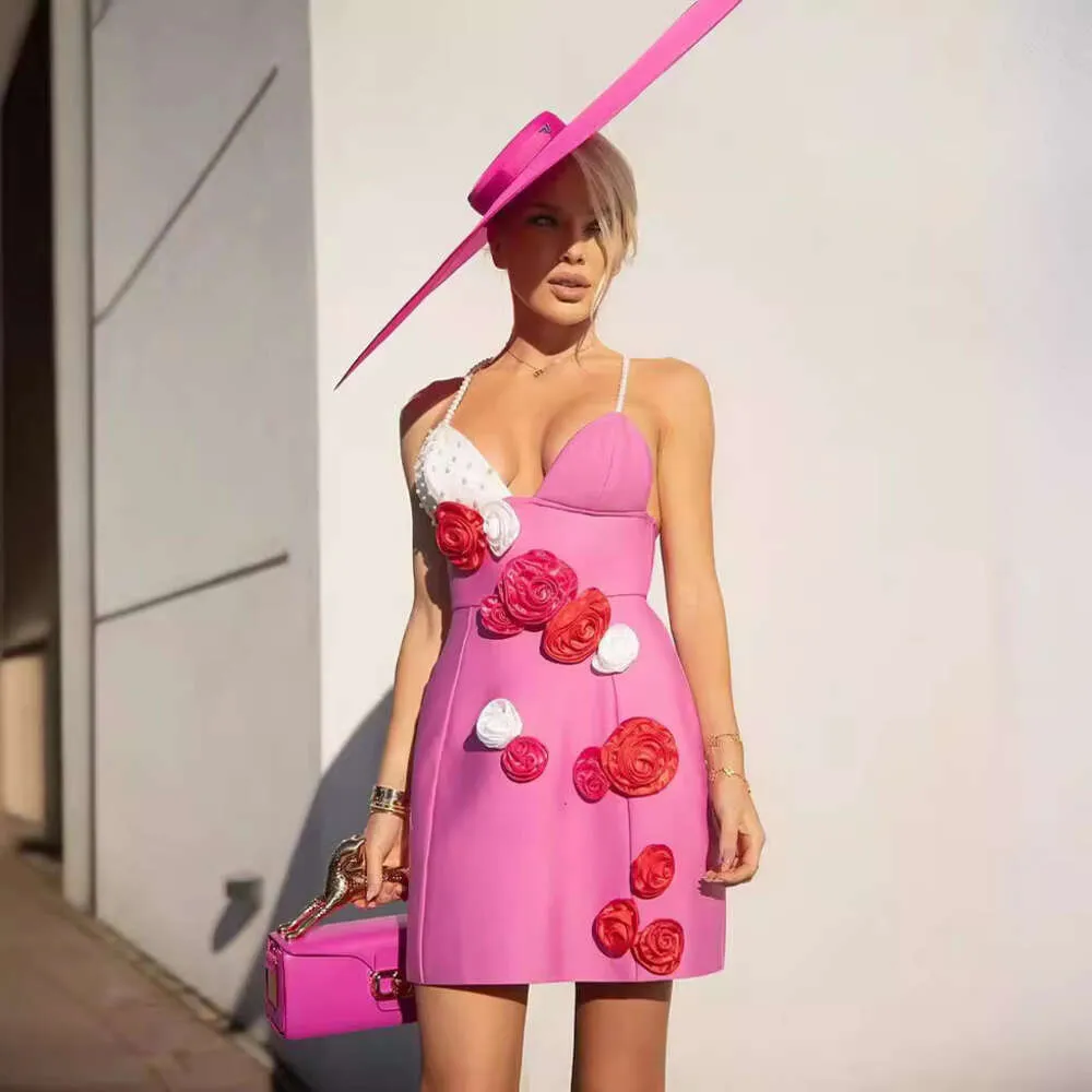 2024 Pearl Slimming Floral Bandage Dress Sexy Summer Banquet A Line Mini Dress