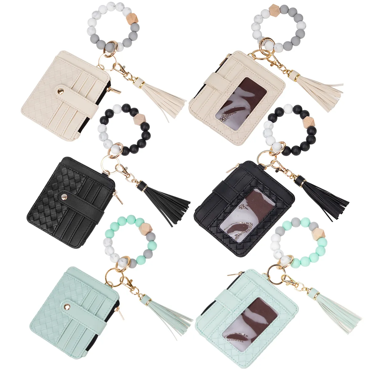 Beaded keychain PU tassel creative large capacity card holder silicone beads wrist ring keychain zipper coin purse