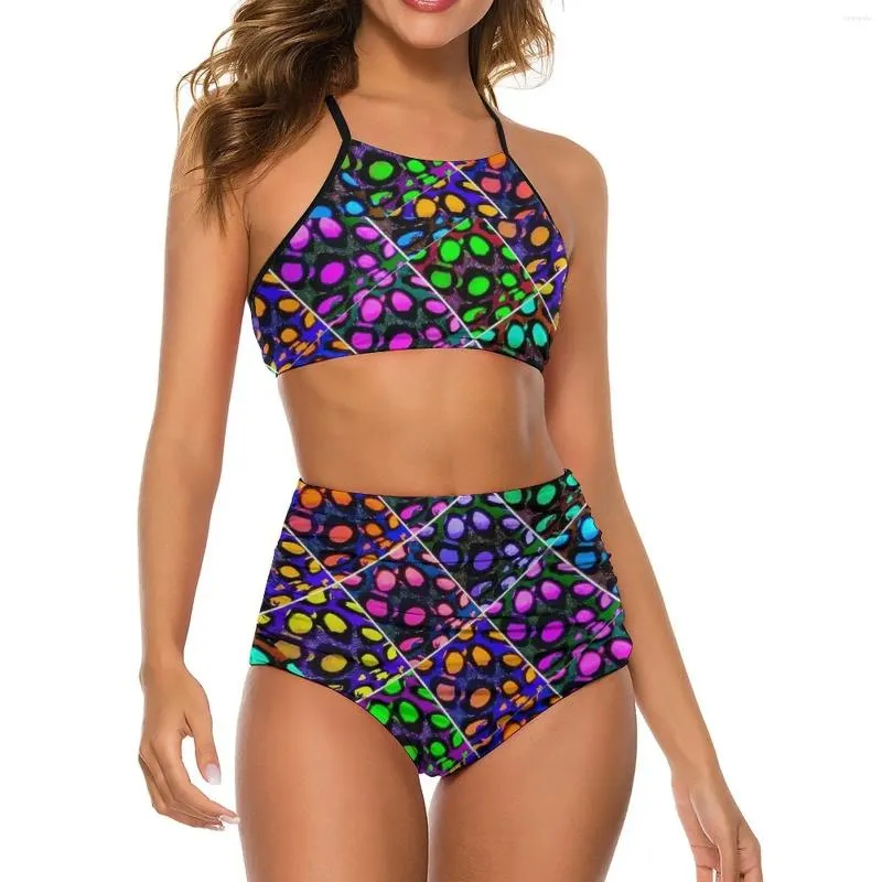 Women's Swimwear Patchwork Print Bikini Swimsuit Sexy Colorful High Waist Set Female Two Piece Feminine Bikinis Rave Beach Wear